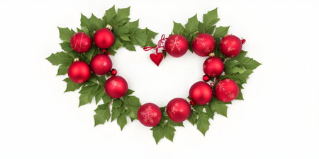 Christmas wreath with red baubles and green leaves on white backgroundの素材