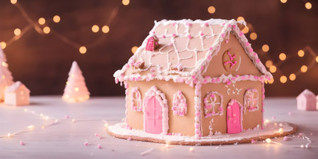 Beautiful gingerbread house on wooden table against blurred lights, closeupの素材