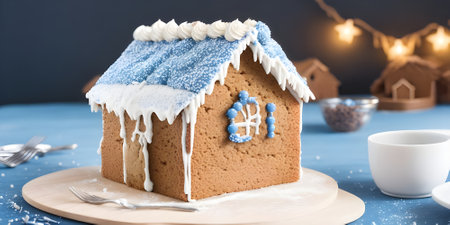 Beautiful Christmas gingerbread house on light blue table, closeupの素材