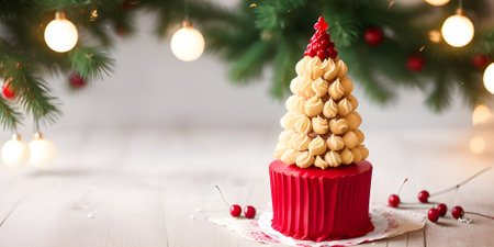 Christmas tree cupcake on white wooden background with bokeh lightsの素材