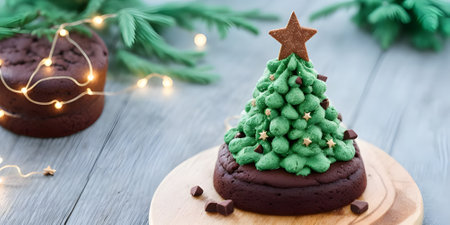 Christmas tree made of chocolate and gingerbread cookies on a wooden backgroundの素材