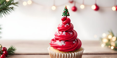 Cupcake with christmas tree and lights on bokeh backgroundの素材