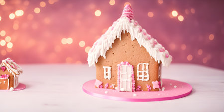Gingerbread house with pink icing on a pink background with bokehの素材