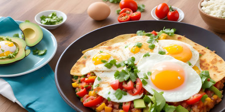 Mexican quesadilla with fried eggs, avocado and tomatoesの素材