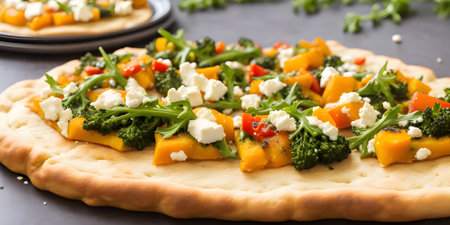 Pizza with pumpkin, feta cheese and arugula on black backgroundの素材