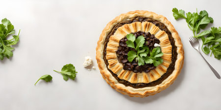 Vegetarian pie with black beans and parsley on a white backgroundの素材
