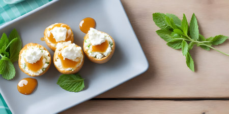 Mini tartlets with cottage cheese, caramel sauce and mint on wooden backgroundの素材
