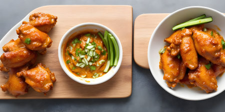 Hot and spicy chicken wings with chili sauce in white bowl on wooden boardの素材