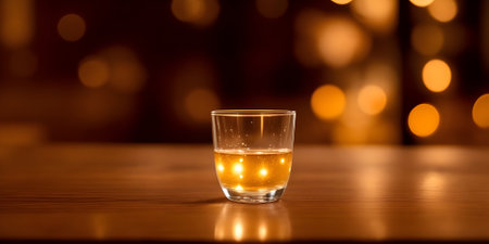A glass of whiskey on a wooden table against the background of a bokehの素材