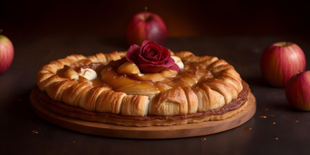 Apple pie with caramel and red rose on dark background. Selective focus.の素材