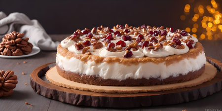 Delicious cake with whipped cream and cranberries on wooden table, closeupの素材