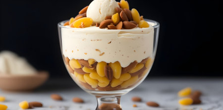 Vanilla ice cream with almonds in a glass on a black backgroundの素材