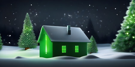Christmas and New Year background with a green house in the snow.の素材