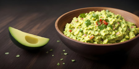 Bowl of guacamole with ingredients on dark wooden backgroundの素材