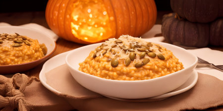 Pumpkin risotto with cheese and pumpkin seeds on wooden backgroundの素材