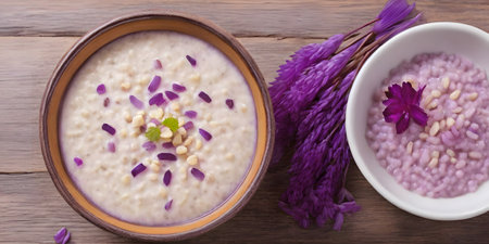 porridge with purple flowers in a bowl on a wooden background.の素材