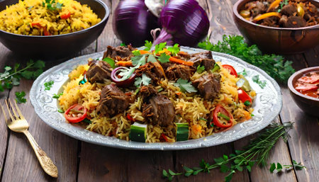 Traditional Uzbek pilaf with meat, rice and vegetables on a plateの素材