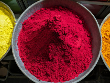 Colorful powder in the market in India. Close-up.