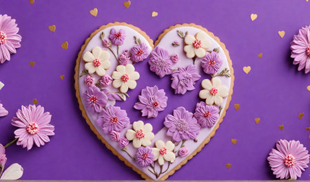 Heart-shaped gingerbread cookies decorated with flowers and hearts on purple backgroundの素材