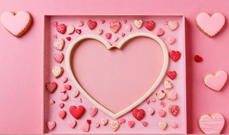 Heart shaped cookies on pink background, top view. Valentine's day greeting cardの素材