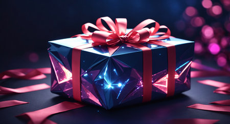 Gift box with red ribbon on black background. 3d renderingの素材