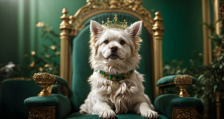 Cute West Highland White Terrier dog with golden crown sitting on green sofa.の素材