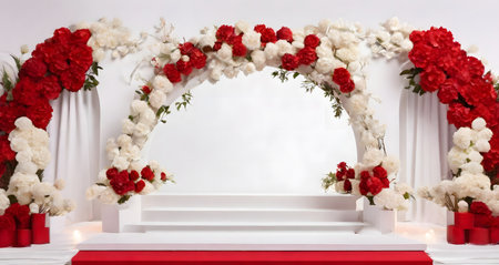 Wedding arch decorated with red and white flowers on white backgroundの素材