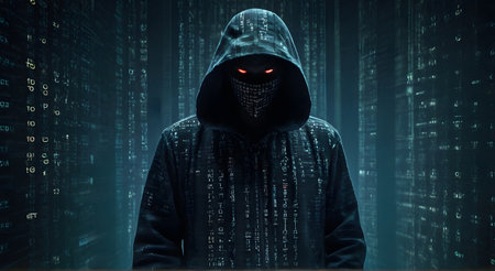 Hooded computer hacker on digital binary code background 3D renderingの素材
