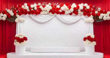 White podium decorated with red and white flowers on a red curtain backgroundの素材