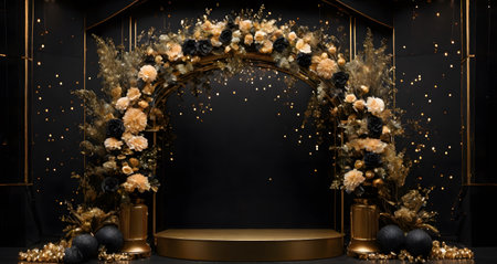 3d render of stage background for product presentation with gold luxury podium.の素材