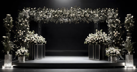 3D rendering of a luxury wedding ceremony with flowers and plants.の素材