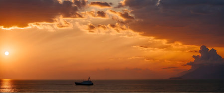 Fishing boat in the sea at sunset. Panoramic viewの素材