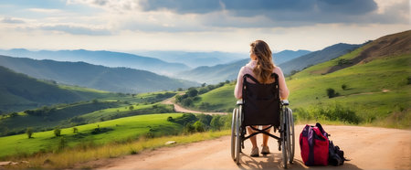 Disabled woman in wheelchair on the road in the mountains at sunsetの素材