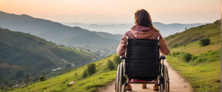 Young woman in a wheelchair on the background of the mountains at sunsetの素材