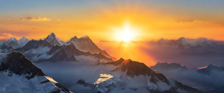 Panorama of Himalaya mountains at sunset, Annapurna Conservation Area, Nepalの素材
