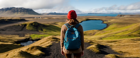 Traveler woman with backpack and red hat looking at beautiful landscape of Icelandの素材