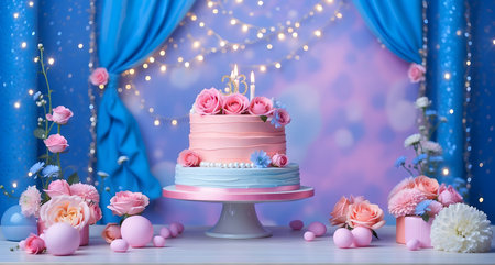 Birthday cake with candles and flowers on a blue background with blue curtainsの素材