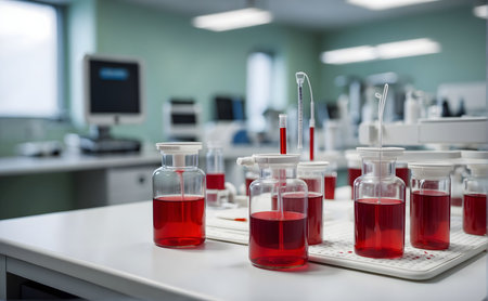 Laboratory test tubes with blood samples on table in hospital laboratory.の素材
