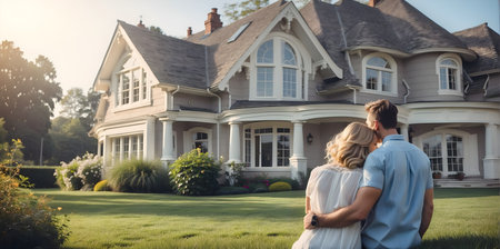 Young couple standing in front of their new house. They are looking at each otherの素材