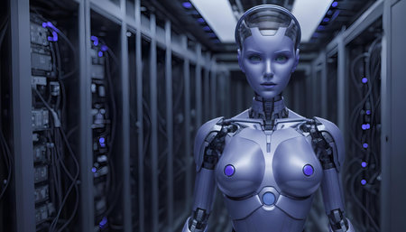 3d rendering of a female robot in data center with server racksの素材
