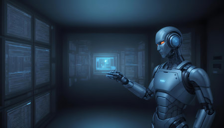 Cyborg in a futuristic server room. 3D rendering image.の素材
