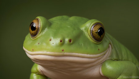 Close up of a green tree frog on a dark green background.の素材