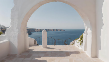 White architecture on Santorini island, Greece. Beautiful landscape with sea viewの素材