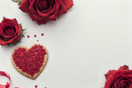 Valentines day background. Red roses, heart and cookies on white background. Top view, copy spaceの素材