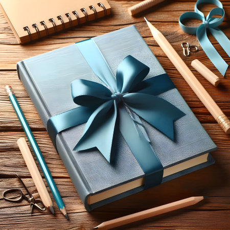 Notebook, pencils and gift box on wooden table, closeupの素材