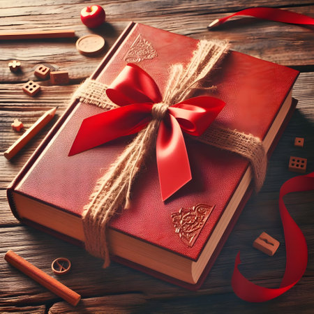 Gift box with red ribbon on a wooden background. Toned.の素材