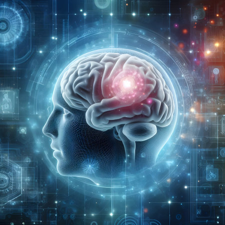 Digital illustration of human brain in digital background. 3D rendering.の素材