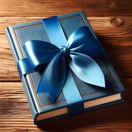 Gift box with blue bow on wooden background. 3d renderingの素材