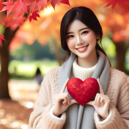 Beautiful asian woman holding red heart in autumn park, asiaの素材