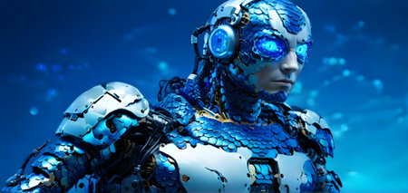 Cyborg woman with blue armor. 3d rendering. Computer digital drawing.の素材